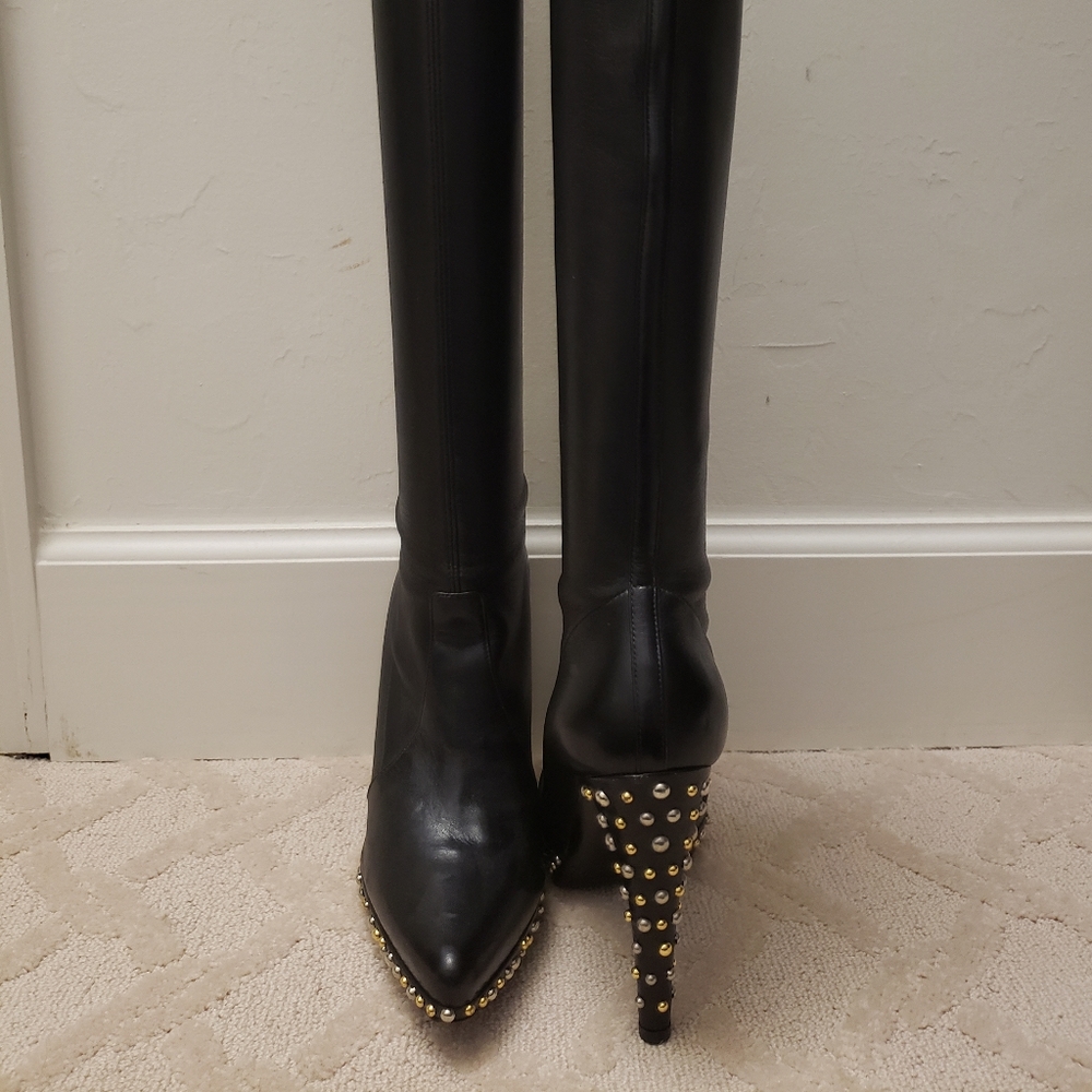 Casadei black leather knee high stiletto boots